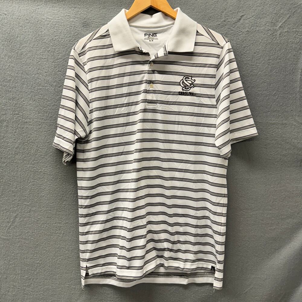 Ping Polo Shirt Mens Medium CS Carolina Strikers Logo White Gray Stripe Golf